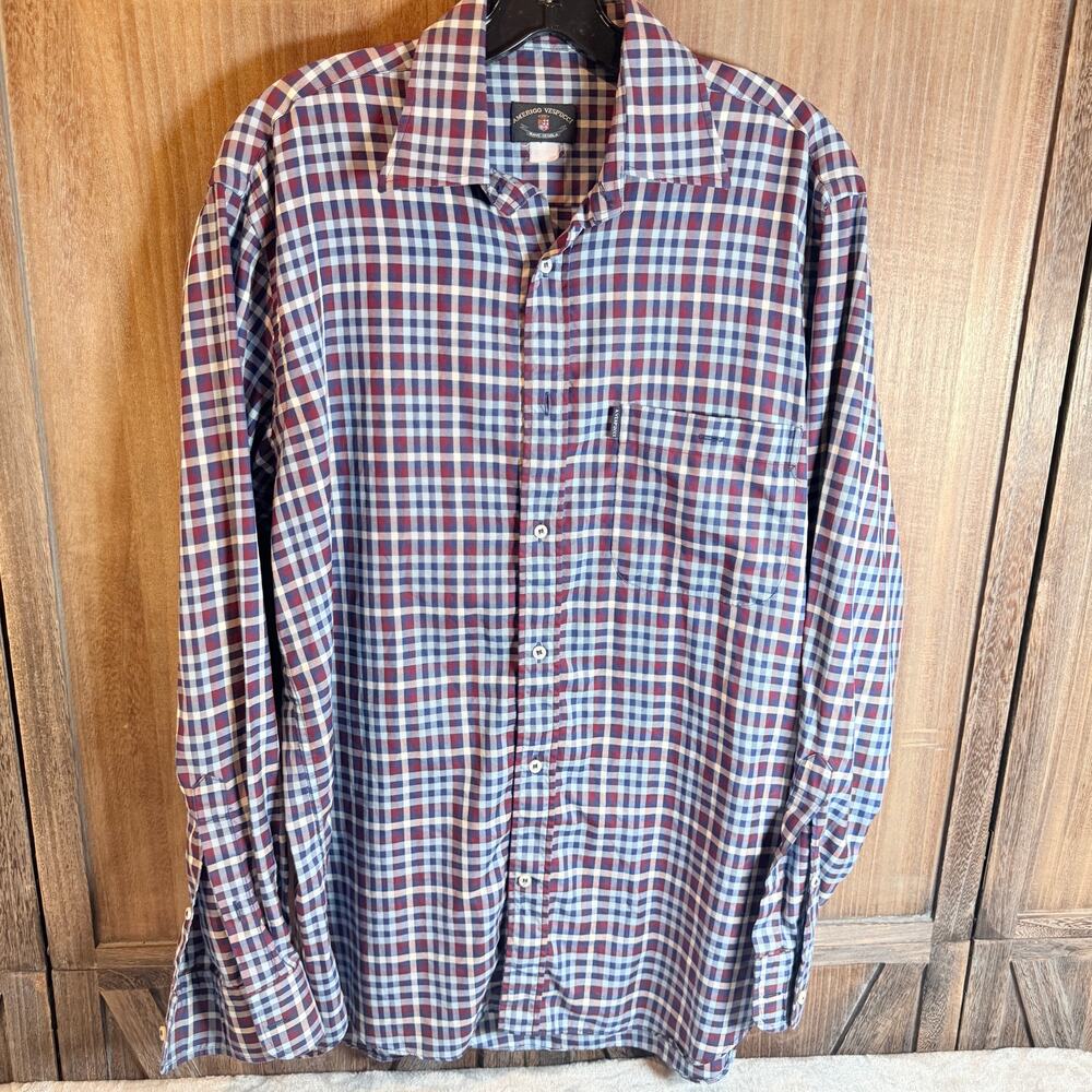 AmerAmerigo Vespucci Plaid Button Up Shirt Mens XL Blue Red Long Sleeve Cotton